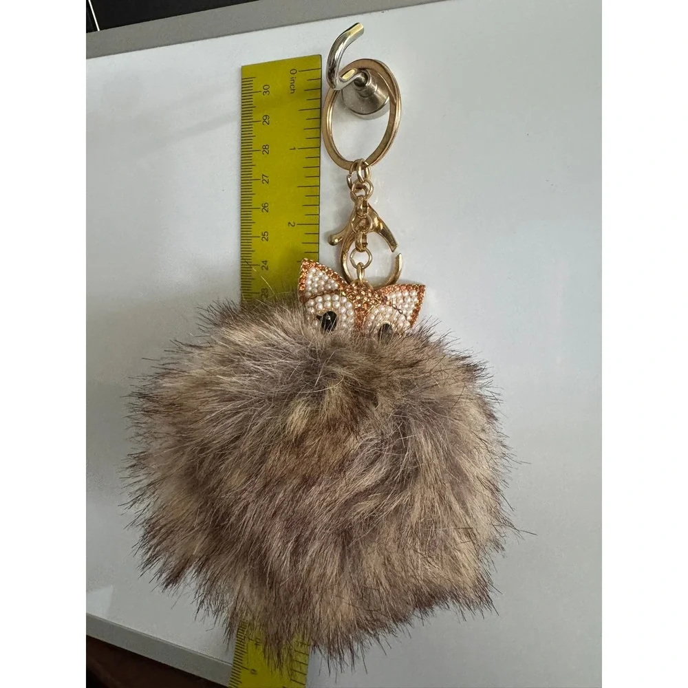 Gold Tone Fox Faux Fur Pom Pom Bag Charm Keychain Rhinestone Pearl Brown Tan